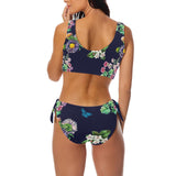 floral dark blue print 2 Bow Tie Front Bikini Swimsuit (Model S38) - Objet D'Art