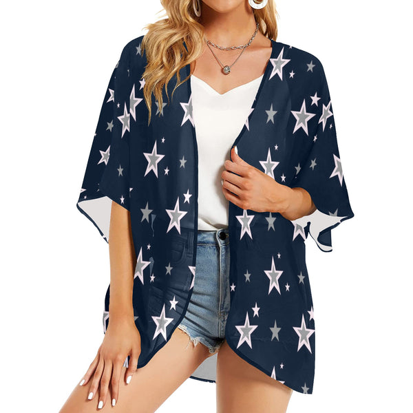 stars blue print 2 Women's Kimono Chiffon Cover Up (Model H51) - Objet D'Art