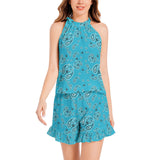 Cypress Blue Tie Neck Halter Top and Ruffle Hem Short Set - Objet D'Art