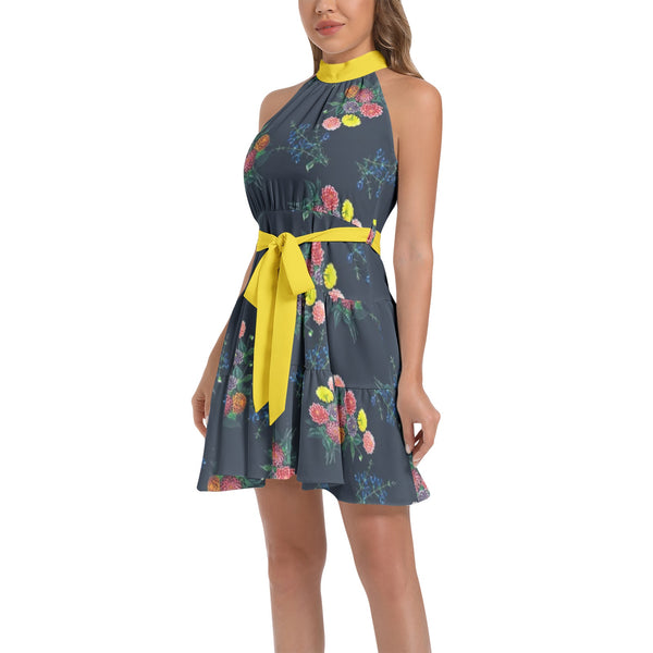 M Kemp Dahlia Ruffle Hem Belted Halter Dress - Objet D'Art