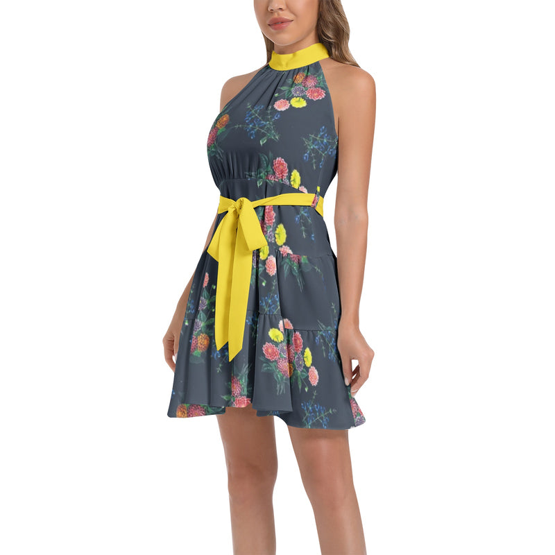 M Kemp Dahlia Ruffle Hem Belted Halter Dress - Objet D'Art