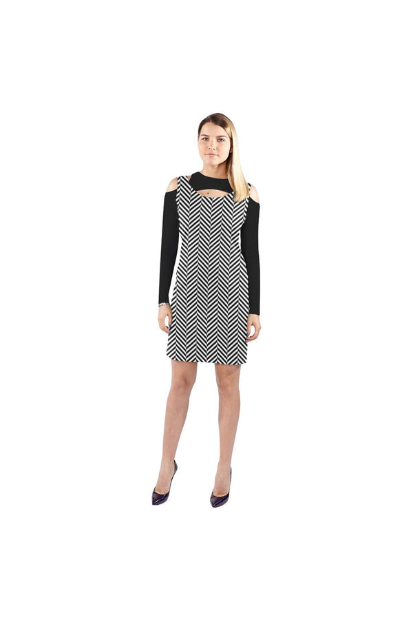 Herring Bone Cold Shoulder Long Sleeve Dress (Model D37) - Objet D'Art