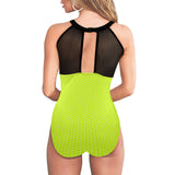 neon green hex print 5 Women's High Neck Plunge Mesh Ruched Swimsuit (S43) - Objet D'Art