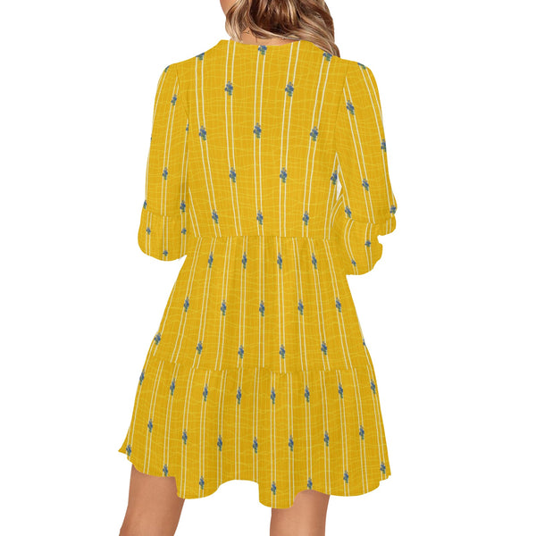 TURMERIC striped floral print V-Neck Loose Fit Dress (Model D62) - Objet D'Art