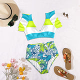 pisces neon green blue green print 2 Women's Ruffle Sleeve Bikini Swimsuit (Model S42) - Objet D'Art