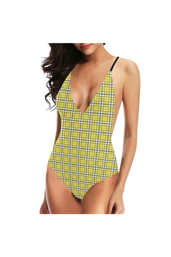 Yellow Plaid Sexy Lacing Backless One-Piece Swimsuit (Model S10) - Objet D'Art