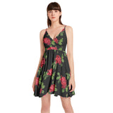 Red Rose Spaghetti Strap Sleeveless Falred Hem Short Dress - Objet D'Art