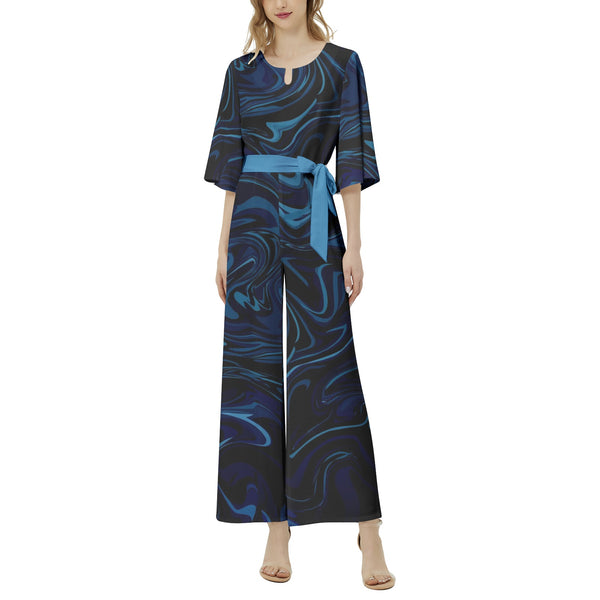 Ink Pool Dolman Sleeve Belted Wide Leg Jumpsuit - Objet D'Art
