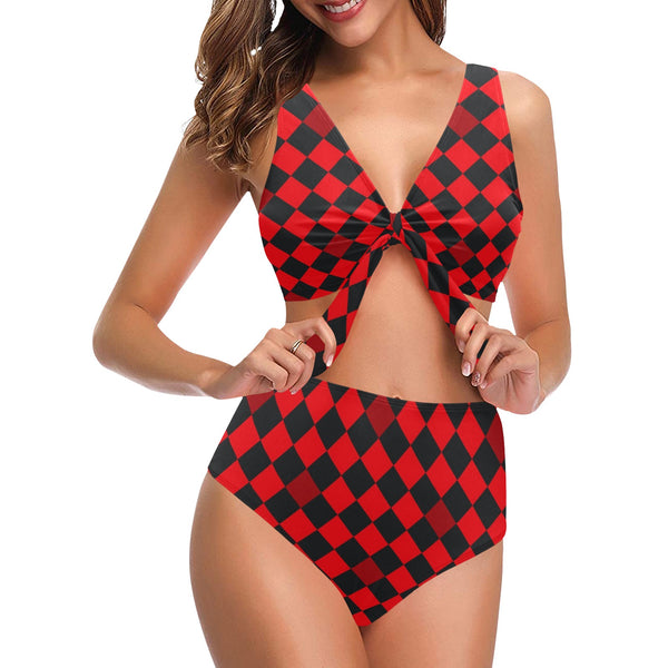 red black diamond print 2 Chest Bowknot Bikini Swimsuit (Model S33) - Objet D'Art