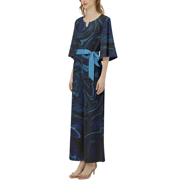 Ink Pool Dolman Sleeve Belted Wide Leg Jumpsuit - Objet D'Art