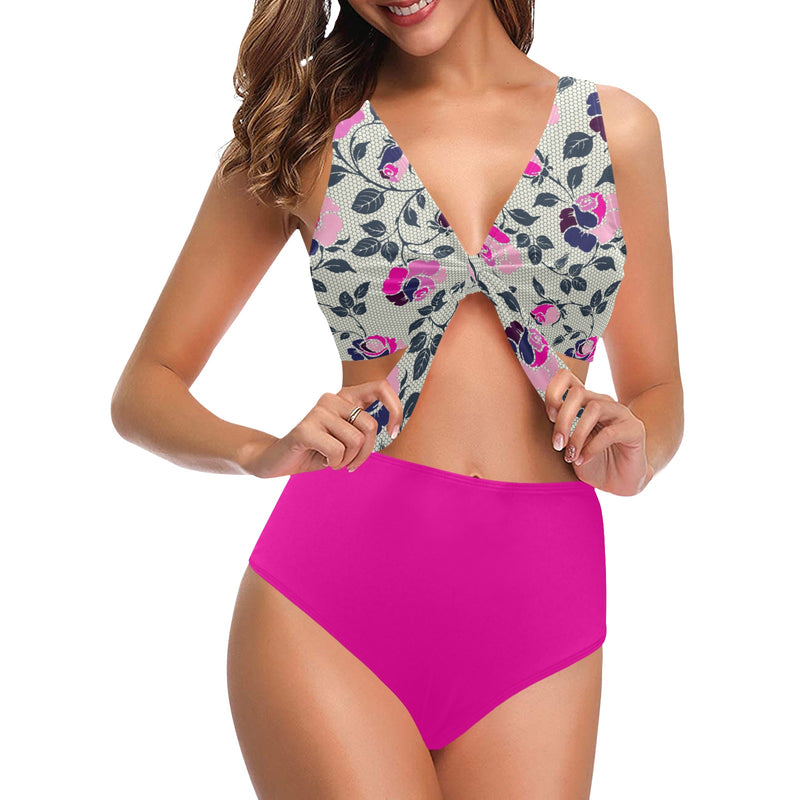 fuchsia solid print 6Q Chest Bowknot Bikini Swimsuit (Model S33) - Objet D'Art