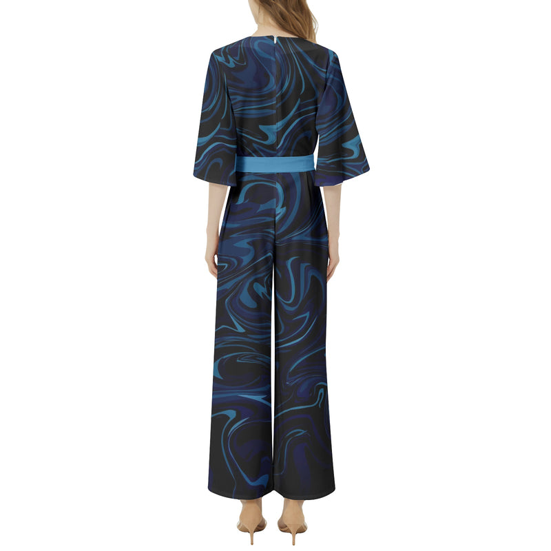Ink Pool Dolman Sleeve Belted Wide Leg Jumpsuit - Objet D'Art