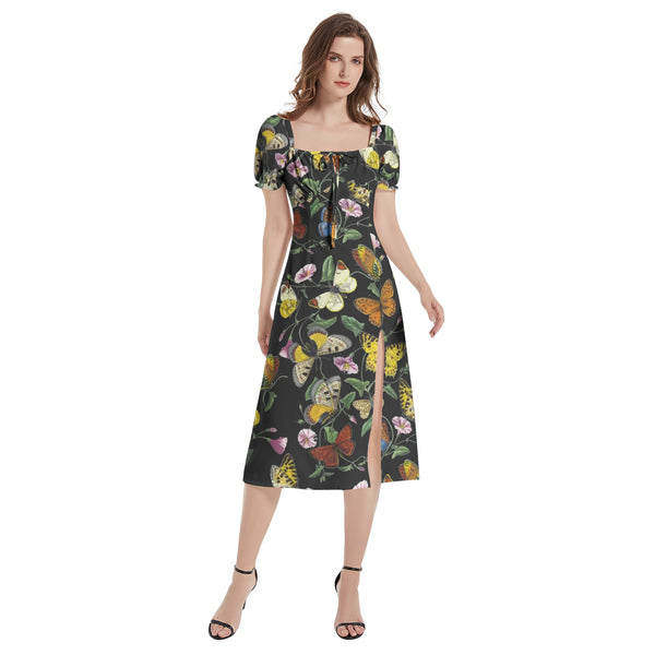 Butterfly Kaleidoscope Puff Sleeve Split Thigh Midi Dress - Objet D'Art