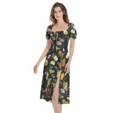 Butterfly Kaleidoscope Puff Sleeve Split Thigh Midi Dress - Objet D'Art