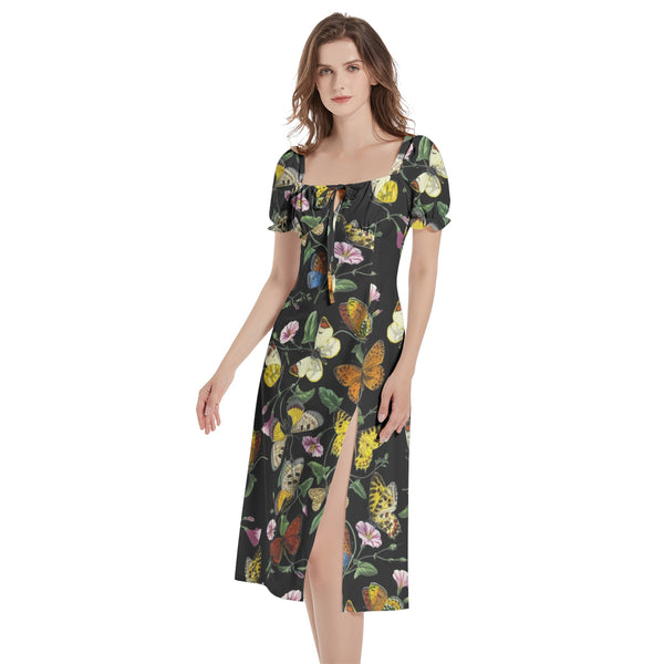 Butterfly Kaleidoscope Puff Sleeve Split Thigh Midi Dress - Objet D'Art