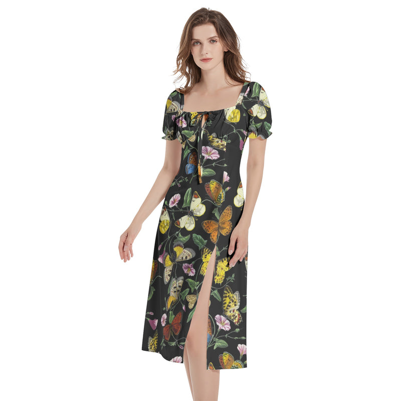 Butterfly Kaleidoscope Puff Sleeve Split Thigh Midi Dress - Objet D'Art