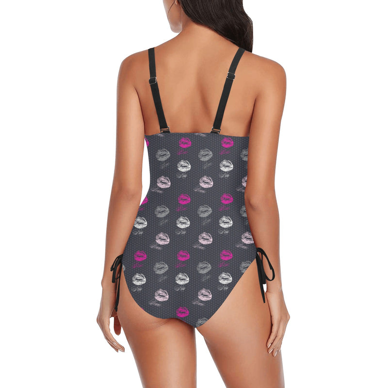 FUCHSIA LIPS POLYGLOT grey hex two tone print 2 Drawstring Side One-Piece Swimsuit (Model S14) - Objet D'Art