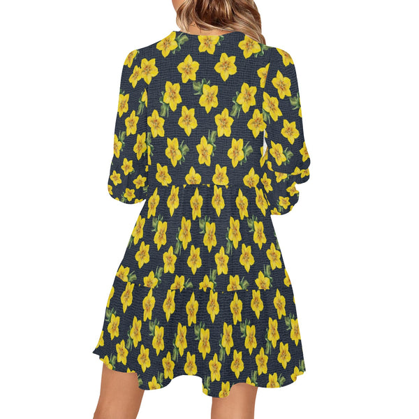 yellow flora print 2A V-Neck Loose Fit Dress (Model D62) - Objet D'Art