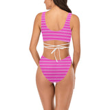 fuchsia and white greek key print Cross String Bikini Set (Model S29) - Objet D'Art
