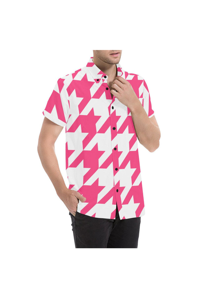 Pink Houndstooth Large Men's All Over Print Short Sleeve Shirt/Large Size - Objet D'Art