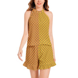Two-tone checkered Tie Neck Halter Top and Ruffle Hem Short Set - Objet D'Art