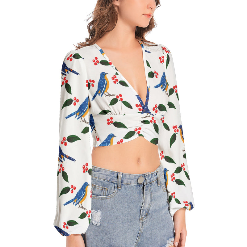 Women's Deep V-Neck Lantern Sleeve Crop Top - Objet D'Art