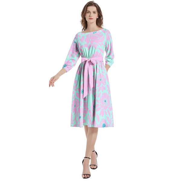 Boat Neck Belted Flared Dress - Objet D'Art