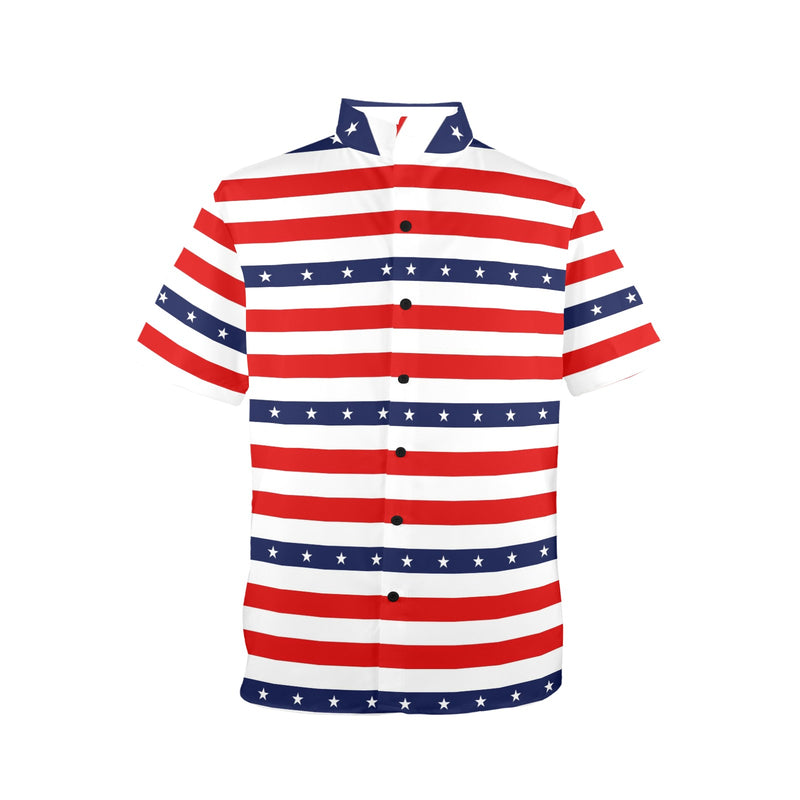 stars and stripes red white blue print 2 Men's Stand-Up Collar Short Sleeve Shirt - Objet D'Art
