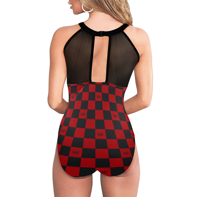 chess queen dress print 2 Women's High Neck Plunge Mesh Ruched Swimsuit (S43) - Objet D'Art