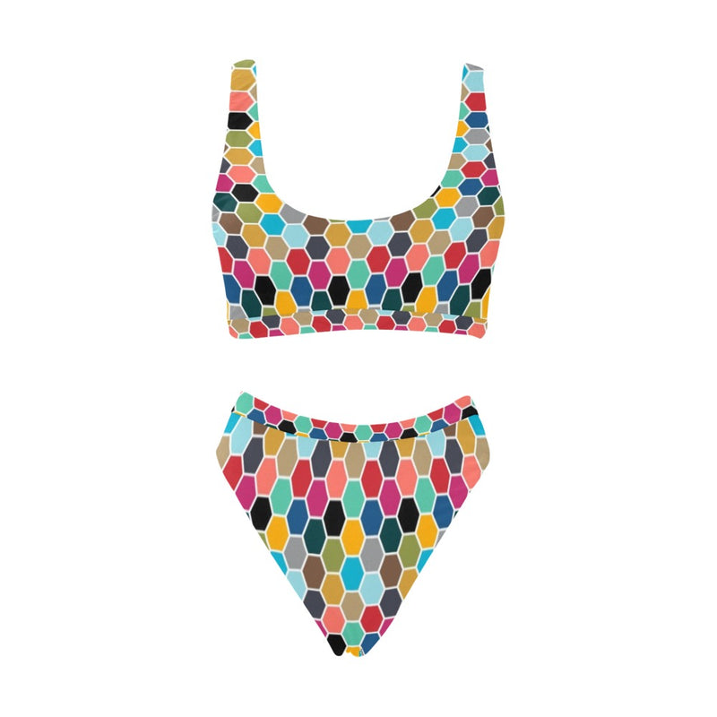 colorful hex swimwear print Sport Top & High-Waisted Bikini Swimsuit (Model S07) - Objet D'Art