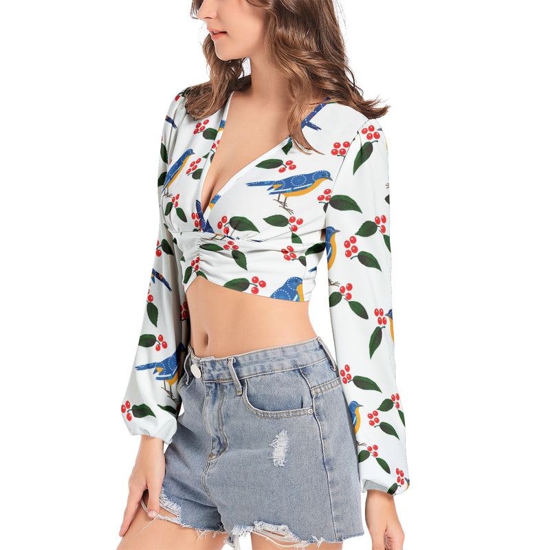 Women's Deep V-Neck Lantern Sleeve Crop Top - Objet D'Art