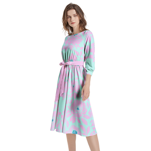 Boat Neck Belted Flared Dress - Objet D'Art