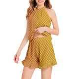 Two-tone checkered Tie Neck Halter Top and Ruffle Hem Short Set - Objet D'Art