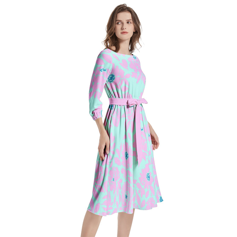 Boat Neck Belted Flared Dress - Objet D'Art