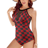 chess queen dress print 2 Women's High Neck Plunge Mesh Ruched Swimsuit (S43) - Objet D'Art