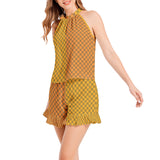 Two-tone checkered Tie Neck Halter Top and Ruffle Hem Short Set - Objet D'Art