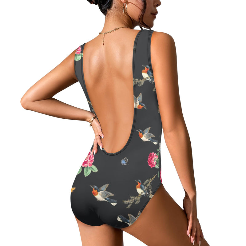 robins flowers print 2 Women's High Cut Backless Swimsuit (Model S50) - Objet D'Art