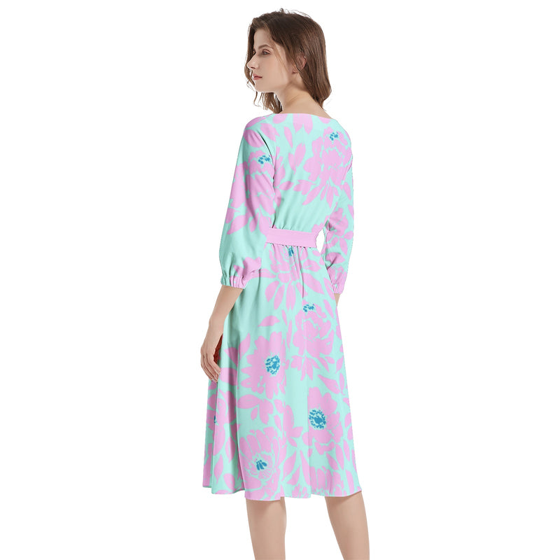 Boat Neck Belted Flared Dress - Objet D'Art