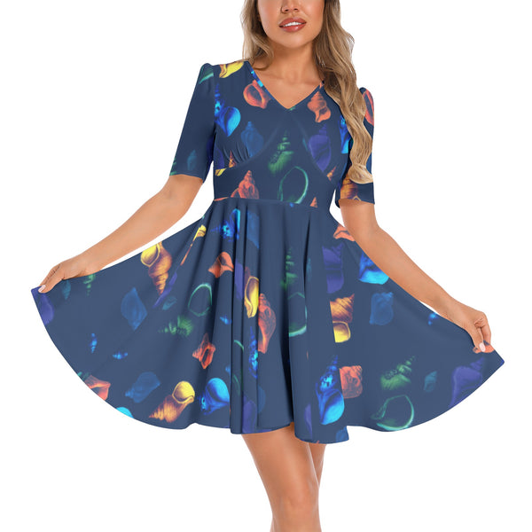 Seashell Collage Short Sleeve Ruched Bust Flared Hem Dress - Objet D'Art