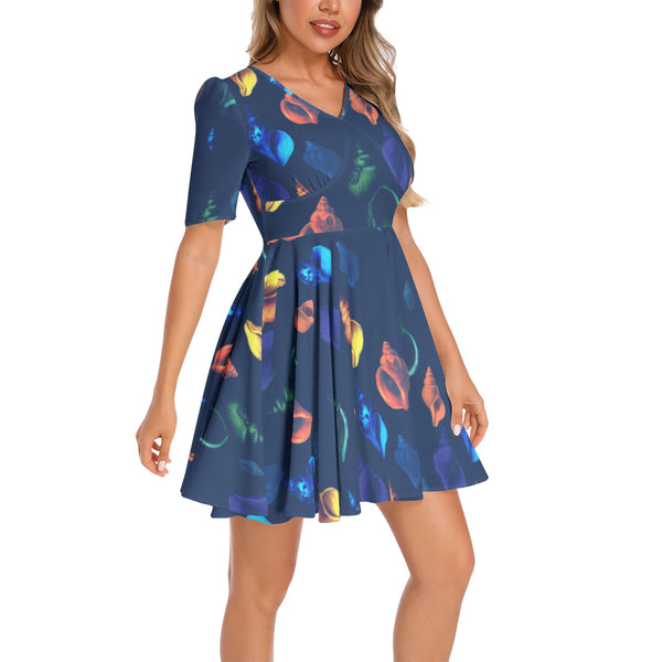 Seashell Collage Short Sleeve Ruched Bust Flared Hem Dress - Objet D'Art