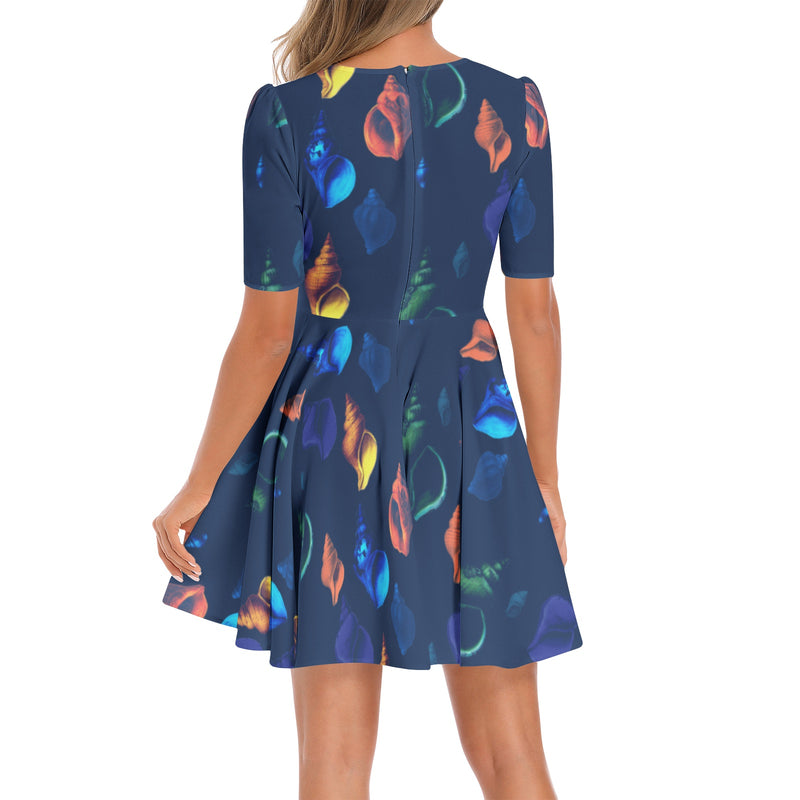 Seashell Collage Short Sleeve Ruched Bust Flared Hem Dress - Objet D'Art
