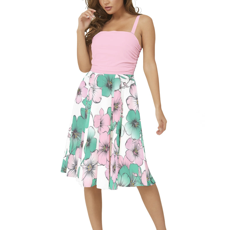 Pink & Green Hibiscus Sleeveless Square Neck Flare Hem Midi Dress XL