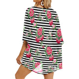 thin bw stripes roses red print 2 Women's Kimono Chiffon Cover Up (Model H51) - Objet D'Art