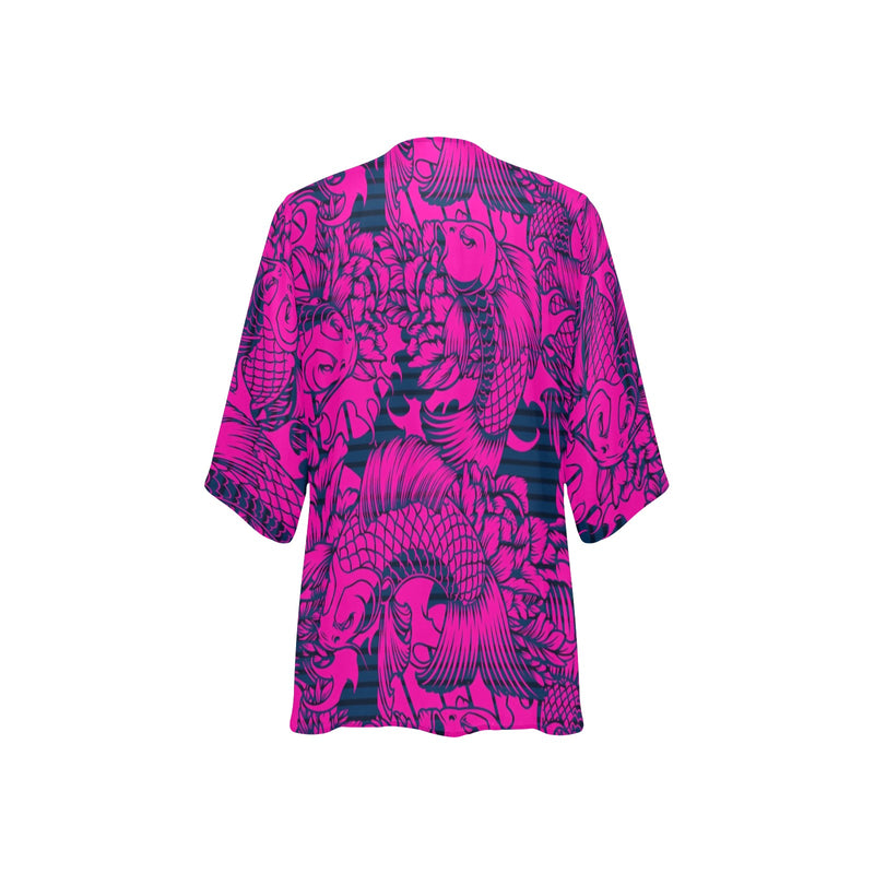 fuchsia pisces print 2 Women's Kimono Chiffon Cover Up (Model H51) - Objet D'Art