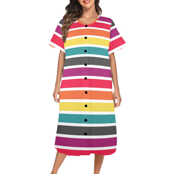 blue and white solid half Women's Button Front House Dress - Objet D'Art