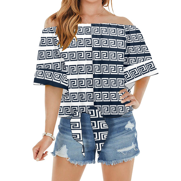 blue white greek key solid print Off Shoulder Knot Front Blouse (Model T71) - Objet D'Art