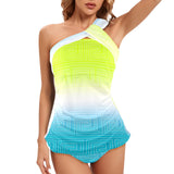 neon green greek key ombre print 8A Women's One Shoulder Backless Swimsuit (Model S44) - Objet D'Art