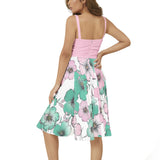 Pink & Green Hibiscus Sleeveless Square Neck Flare Hem Midi Dress - Objet D'Art