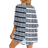 blue white greek key print 3 Women's Kimono Chiffon Cover Up (Model H51) - Objet D'Art
