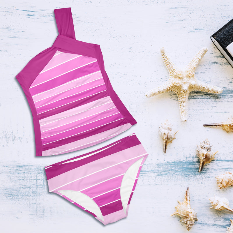 fuchsia bands print Women's One Shoulder Backless Swimsuit (Model S44) - Objet D'Art